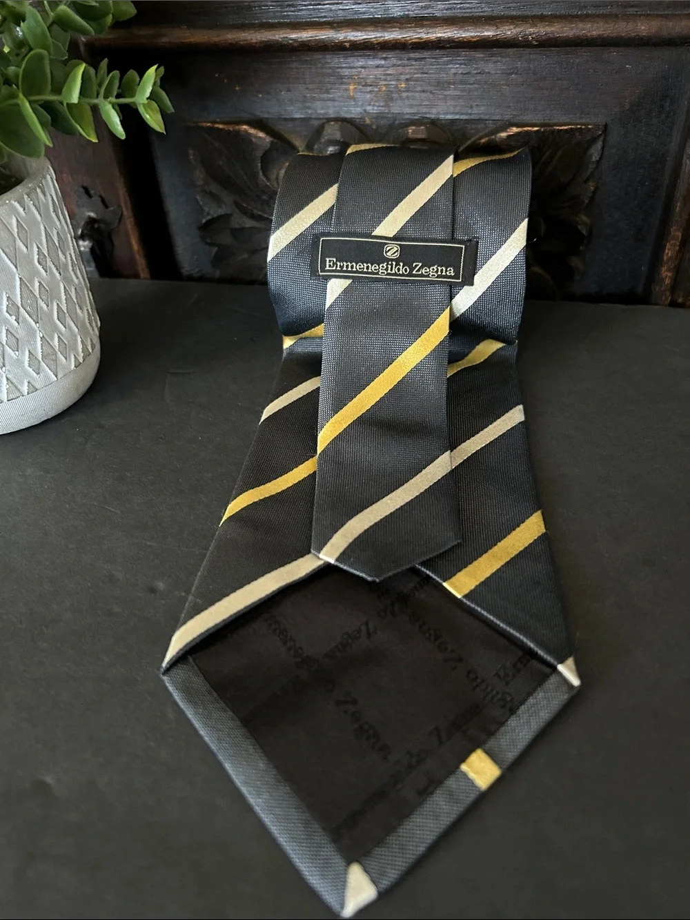Ermenegildo Zegna Black Tie with Yellow and Cream Stripes